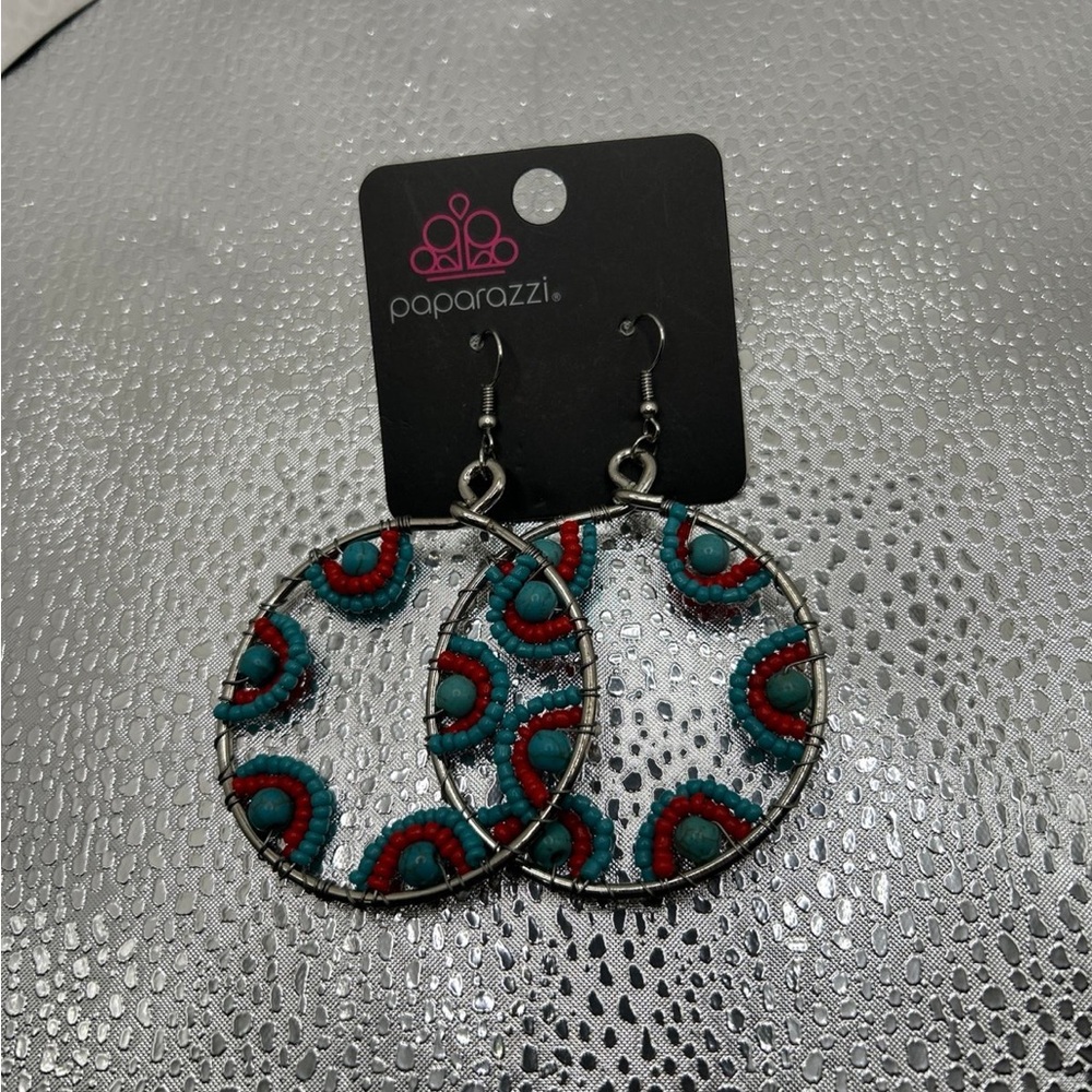 Paparazzi Blue and Red Dangle Earrings with Geometric Design